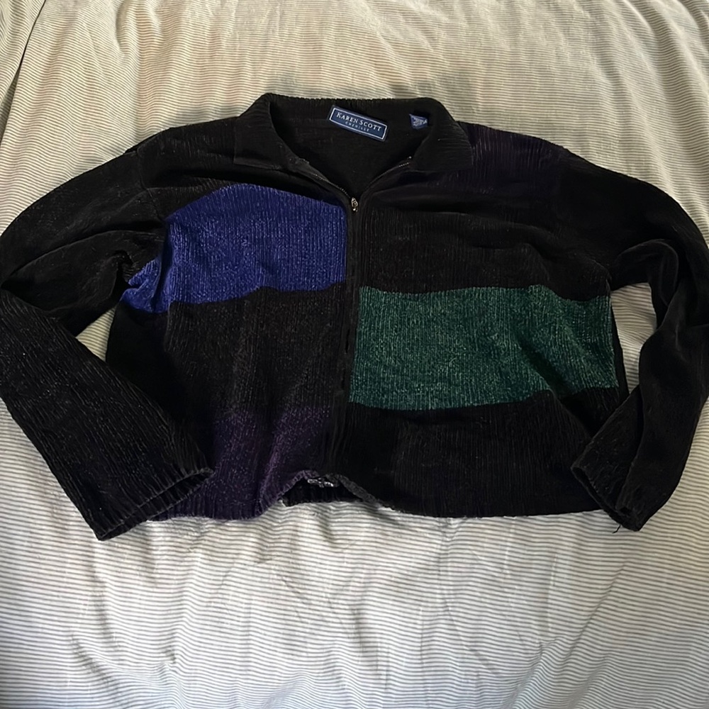 Vintage Color Block Chenille Zip up Sweater